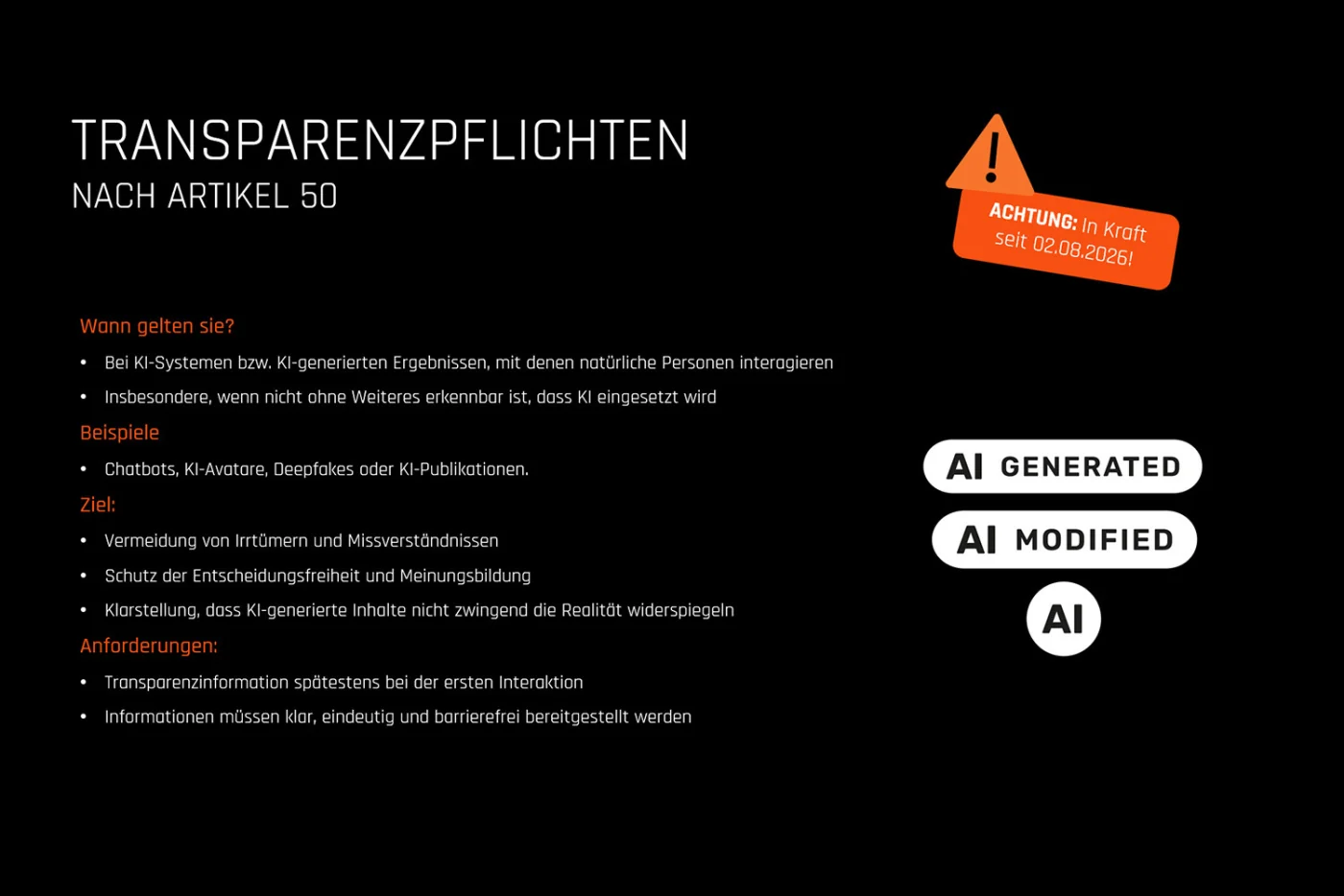 Schulungsfolie: Transparenzpflichten nach Artikel 50 mit Kennzeichnungen für KI-generierte Inhalte